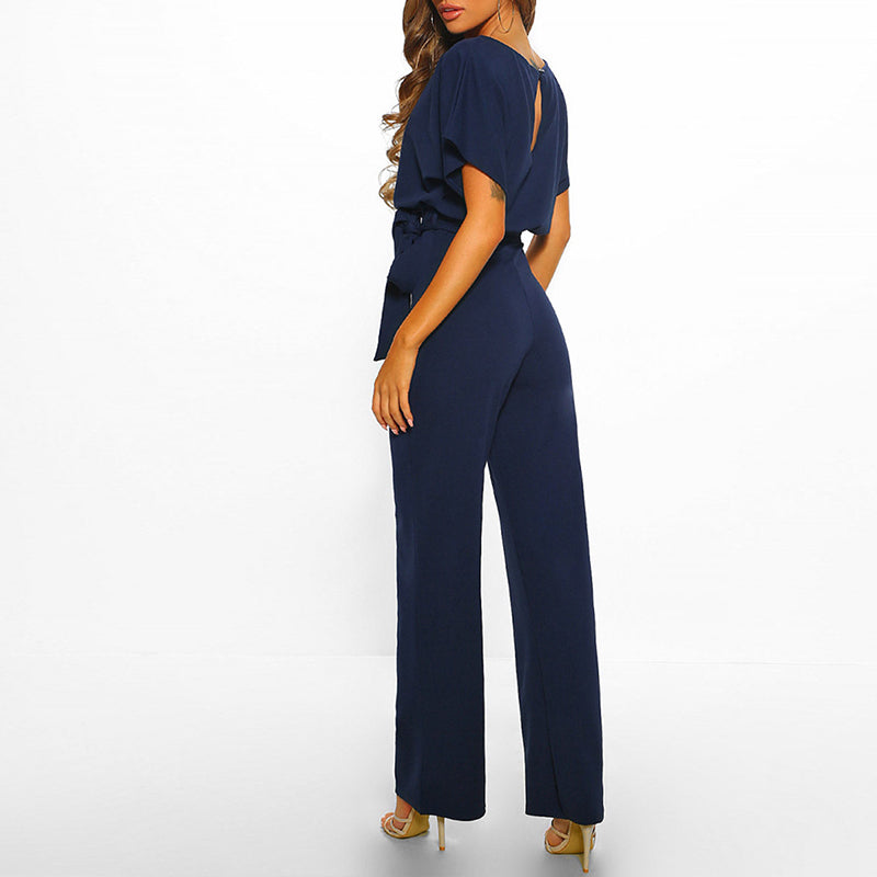 Zinnia | Women's Short Sleeve Belted Wide Leg Jumpsuit - Navy - Image 1