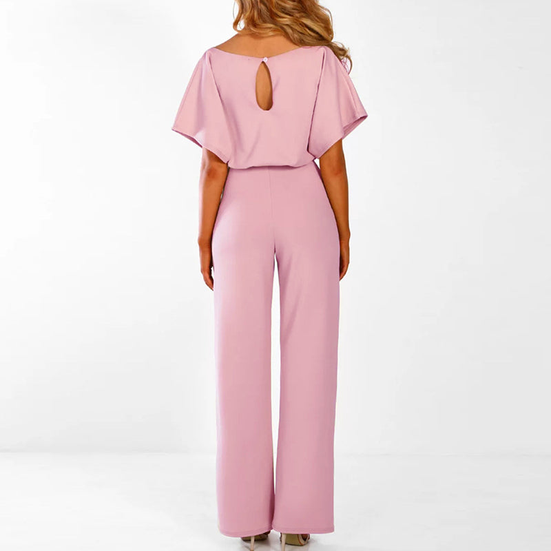Zinnia | Women's Short Sleeve Belted Wide Leg Jumpsuit - Navy - Image 2
