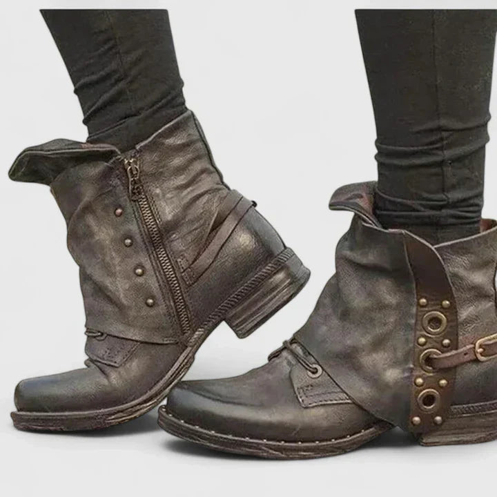 Zivane | Women's Vintage Ankle Boots with Stud Buckle - Dark Brown - Image 2