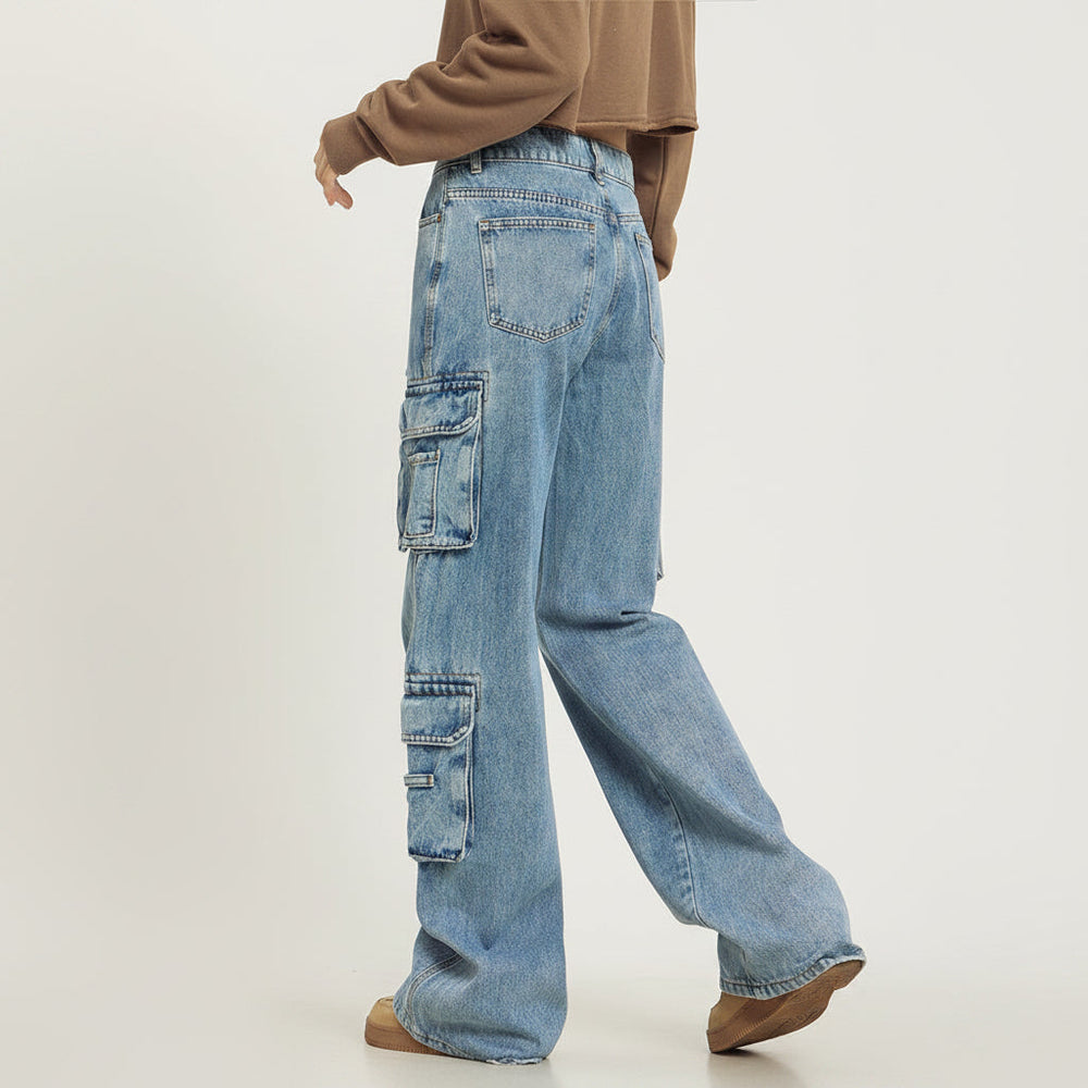 Zivara | Women's Baggy Cargo Jeans Wide Leg - Light Blue - Image 2